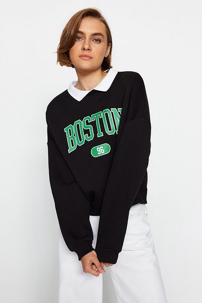 Trendyol Collection Boyfriend Cut Raised Black Knitted Sweatshirt - Printed
