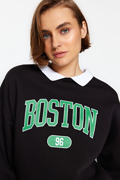 Trendyol Collection Boyfriend Cut Raised Černá pletená mikina - potištěná