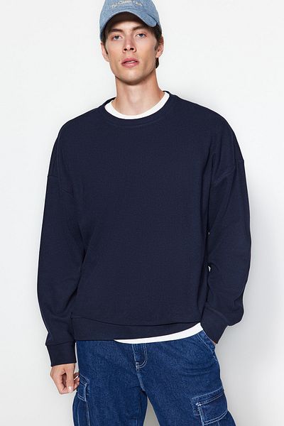 Trendyol Collection Námořnická modrá Oversize/Wide Cut Soft Brushed Thessaloniki bez šedé mikiny TMNAW24SW00057