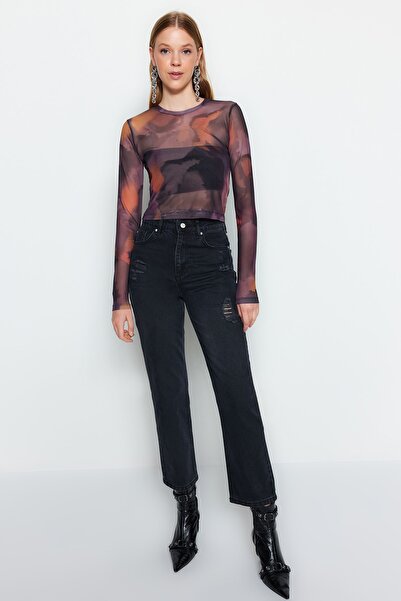 Trendyol Collection Černá tištěná tylová pružná pletená halenka TWOAW24BZ00030