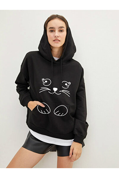 Lamis home Îmbrăcăminte la modă Hanorac cu glugă cu imprimeu pisică drăguță