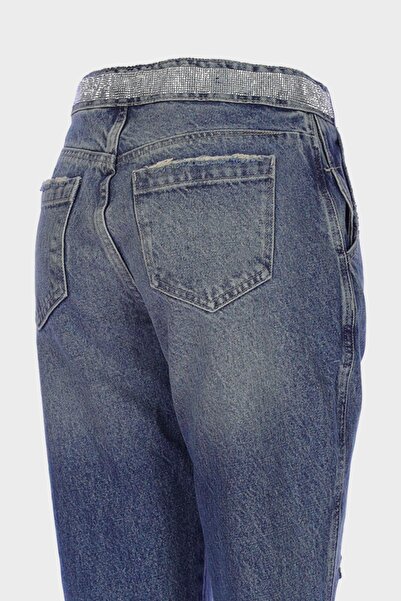 CROSS JEANS Ariana Dark Blue Tinted High Waist Patty Zippered Belt Jewelled Jean Trousers C 4525-133