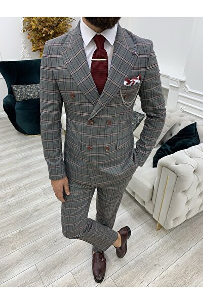 LONATOLİA Erkek Ekoseli Kruvaze Takım Elbise İtalyan Kesim Slim Fit Ceket Pantolon-Pembe