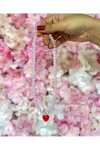 Atelier Çağla Cam Kırmızı Murano Kalp Toz Pembe Boncuk Kolye