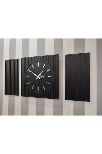 Wooden Factory Time Collection Rayon Black 3 Parça Kare Duvar Saat, (Siyah)
