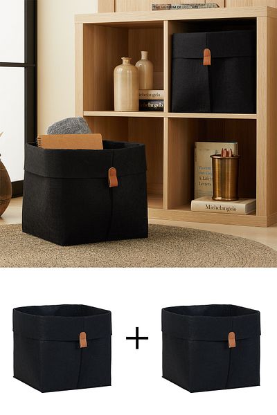 Ocean Home Textile Dulap din pâslă neagră - Organizator de jucării pentru rufe 2 buc, Organizator de coș de depozitare pliabil 30x30x30