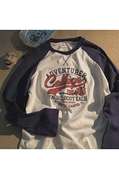 Köstebek Adventure College Navy Blue White Arm Detail Long Sleeve T-shirt