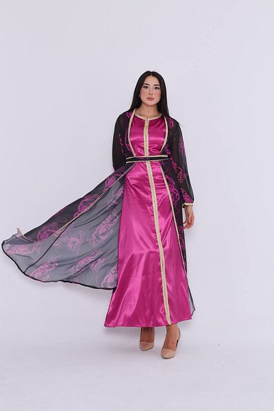 Zümrüt Rochie din satin în stil caftan și costum cardigan din șifon 1449