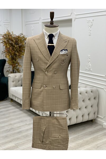 LONATOLİA Erkek Kruvaze Takım Elbise İtalyan Kesim Slim Fit Ceket Pantolon-SARI