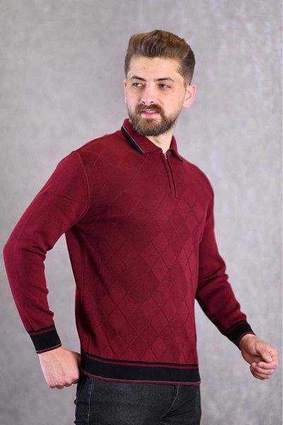 Kamalı Claret Red Men's Steel Knit Front Textured Shirt Collar Zippered Polo Collar Non-Pilling Knitwear Winter Sweater