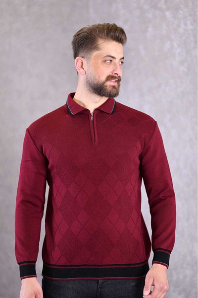 Kamalı Claret Red Men's Steel Knit Front Textured Shirt Collar Zippered Polo Collar Non-Pilling Knitwear Winter Sweater