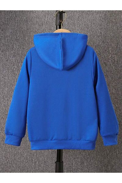 trendgar BLUE PRINTED ZIPPER HOODED SWEATSHIRT