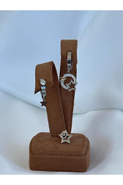 Rachel Çelik Gümüş Yıldız Desenli 3 lü Kristal Taşlı Küpe