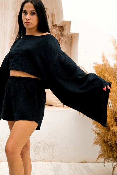 Freya Tribe Siyah Bohem Müslin Rahat Geniş Kol Wrap Top Crop Top