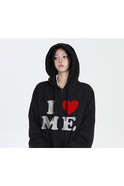 Touz I Love Me Printed Oversize Μαύρη ζακέτα με κουκούλα Unisex με φερμουάρ