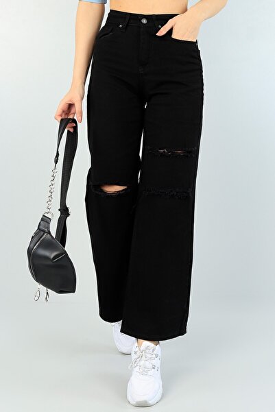 LİMABEL High Waist Black Split Detailed Palazzo Jeans