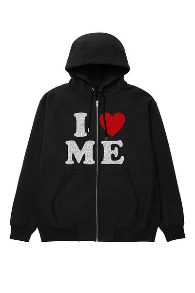 Touz I Love Me Printed Oversize Μαύρη ζακέτα με κουκούλα Unisex με φερμουάρ