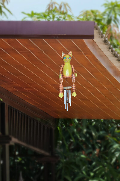Larenya Ahşap Oyma Kedi Figürlü Rüzgar Çanı & Balkon Bahçe Tavan Süsü