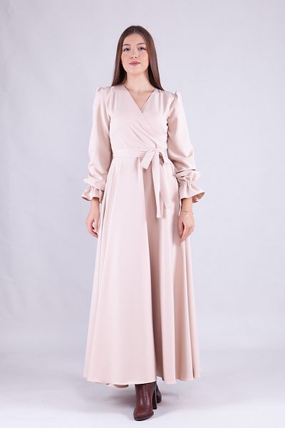 NO48 Κρεμ Maxi Length Γυναικείο φόρεμα με διπλό γιακά με βολάν με μακρυμάνικο μανίκι με βολάν με ζώνη