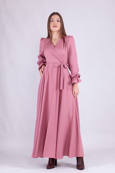NO48 Dusty Rose Maxi Size Γυναικείο φόρεμα με διπλό στήθος με βολάν με μακρυμάνικο μανίκι με βολάν με ζώνη