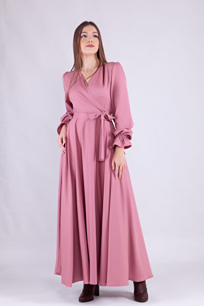 NO48 Gül Kurusu Maxi Boy Kadın Kruvaze Yaka Kol Ucu Fırfırlı Uzun Kol Kol Ucu Fırfırlı Kuşaklı Elbise