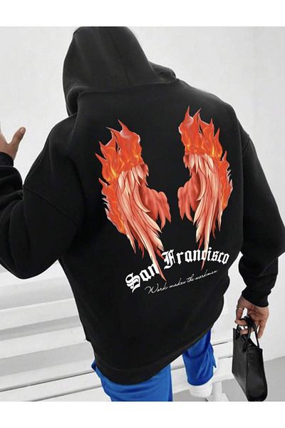 ALİKA Black San Francisco Wing Hooded Oversized Sweatshirt