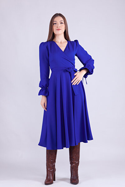 NO48 فستان Sax Blue متوسط الطول للنساء بياقة مزدوجة الصدر وأكمام طويلة مكشكشة...