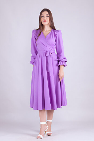 NO48 فستان نسائي أرجواني متوسط الطول بياقة مزدوجة الصدر وأكمام طويلة مكشكشة و...