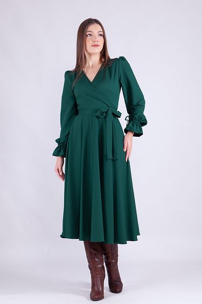 NO48 Emerald Midi Length Women's Double Breasted Collar Sleeve Nipple Frilly Long Sleeve Sleeve Nipple Frilly Belted Dress