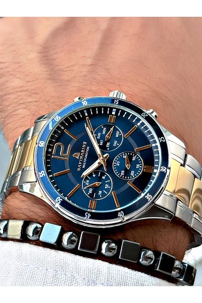 Navimarine Gold Silver Double Color Steel Strap Function Men's Wristwatch + BRACELET