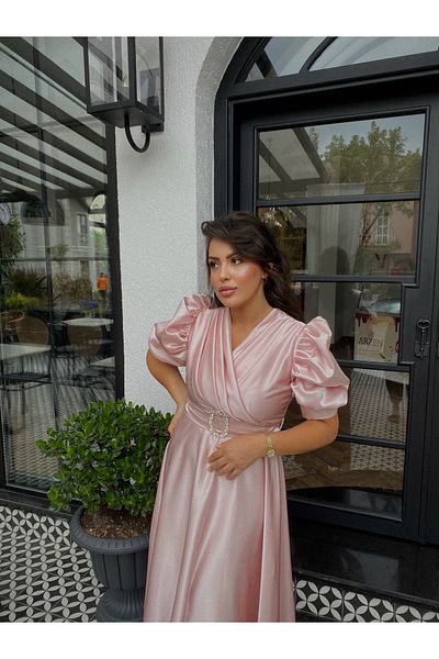 BAHARYAMAÇLI Women's Long Powder Pink Balloon Sleeve Lavin Dress