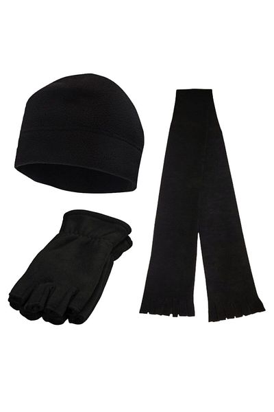 AXE SPORTSWEAR Men's Black Thermal Winter Fingerless Cut-Off Half Finger Fleece Gloves - Fleece Beanie Fleece Scarf Set of 3