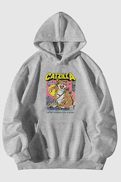 MELADYAN Catzilla Printed Unisex Gray Kangaroo Pocket Hooded Sweatshirt Hoodie
