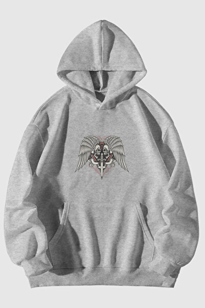 MELADYAN Sword Skeleton Printed Unisex Gray Kangaroo Pocket Hooded Sweatshirt...