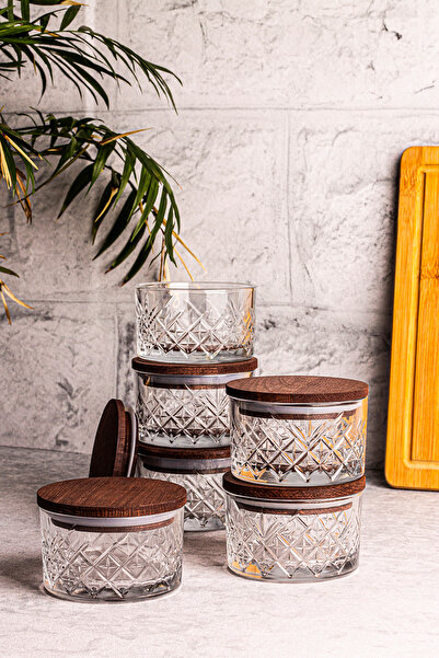 Snippy Milla 6-Piece Wooden Vacuumed Glass Breakfast Multi-Purpose Glass Snack Bowl with Lid 230 ml