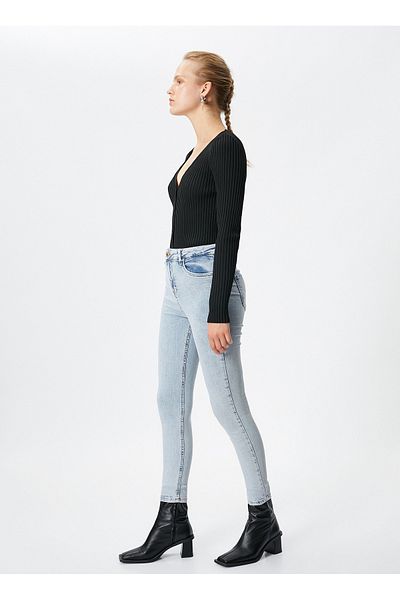 Koton Pantaloni din denim pentru femei, cu talie înaltă, picior slăbănog, 4WAL40123MD