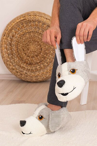 VASKONİ Panduf Unısex Köpek Figürlü Rahat Kışlık Peluş Ev Terliği