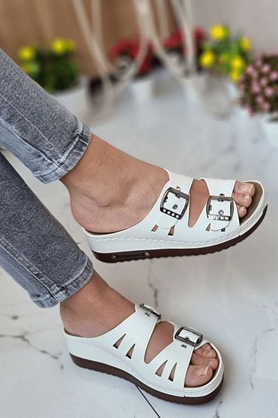 İncim Orthopedic Sole High Heel Double Banded Daily Women's Slippers White Color