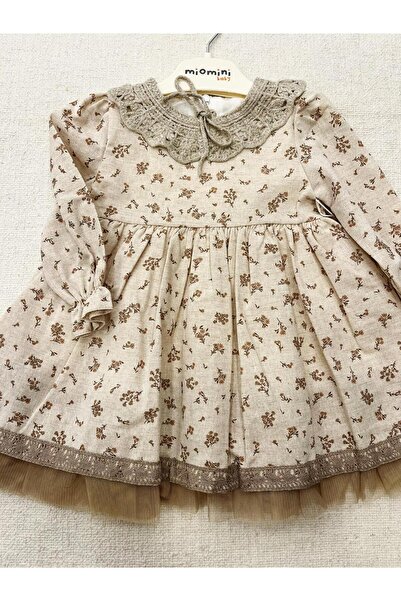 miomini kız bebek naturel elbise fiyonklu çiçek desenli