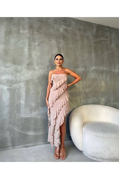 bymaestro woman Κρεμ βολάν στράπλες φόρεμα μίντι