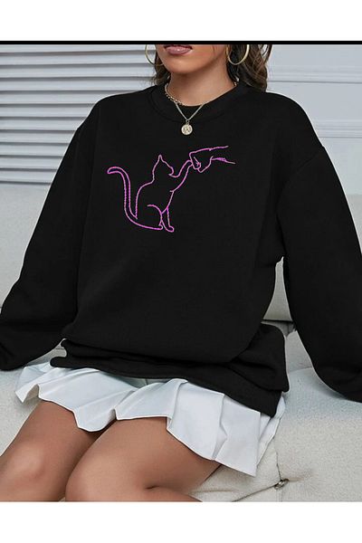 mercoledi Hanorac oversize unisex cu decolteu rotund cu imprimeu prietenos cu pisici