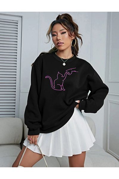mercoledi Hanorac oversize unisex cu decolteu rotund cu imprimeu prietenos cu pisici