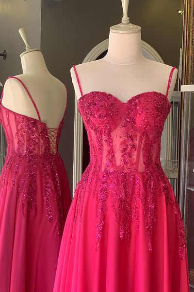 Lenta Moda Fuchsia Lace Covered Straps Maxi Chiffon Evening Dress/ Evening Dress