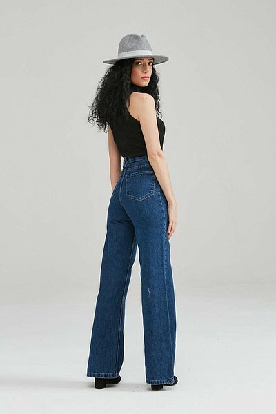 DRC trend Redmi Loose Lycra Extra High Talie Albastru Inchis Blugi Largi Pantaloni Palazzo