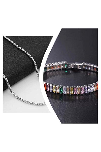 Everglow Jewelry طقم قلادة وسوار من الفولاذ المحبوك باللون الرمادي للجنسين