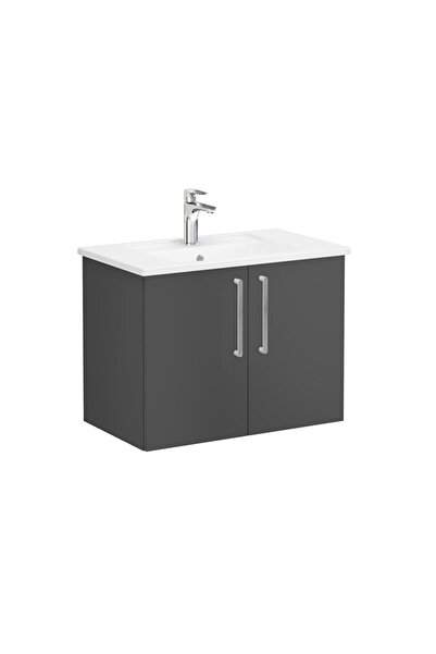 VitrA Root 68149 Lavabo Dolabı Kapaklı, 80 Cm, Mat Fırtına Gri, Köşeli Lavabolu