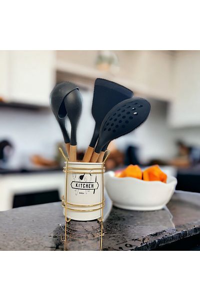 Akkoyunlu home Cream Colored Countertop Decorative Multi-Purpose Spoon Holder Box with Metal Stand