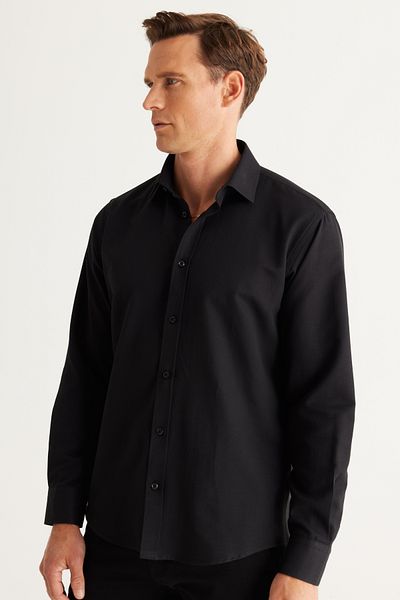 ALTINYILDIZ CLASSICS Men's Black Comfort Fit Relaxed Cut Classic Collar Dobby Shirt