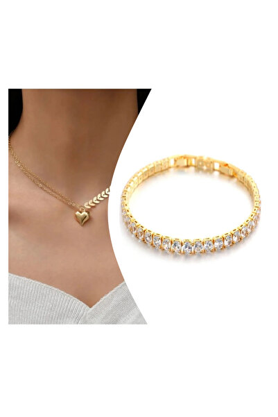 Everglow Jewelry Kadın Yaprak Ve Ince Zincir Temalı Kalpli Kolye & Bileklik Set