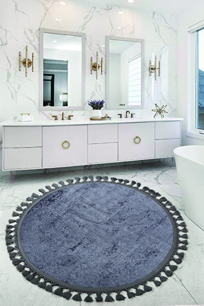 Teksev Nova Anthracite Round 120x120 Cm Pompom Fringed Non-Slip Base Machine ...